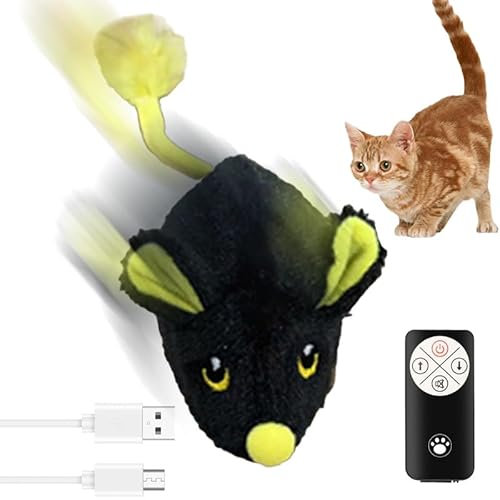 Elektrisch Spielmaus, 2025 Neu Interaktives Katzenspielzeug Maus mit Federschwanz, Magic Maus Katze Interaktives Spielzeug für Katzen Selbstbeschäftigung USB Spielmaus mit Fernbedienung (Schwarz)