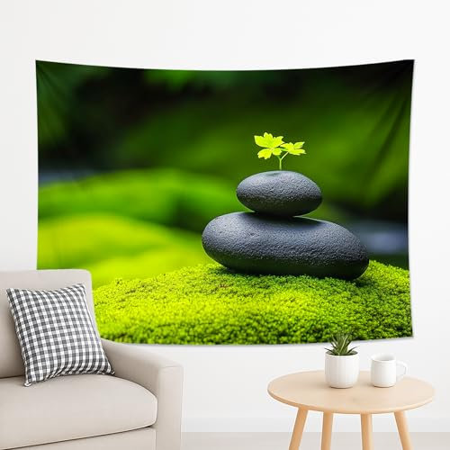 Tapisserie verte de jardin zen, galets tranquilles à suspendre, décoration esthétique inspirée de la nature pour chambre à coucher, salon, espace de méditation, 203 x 152 cm