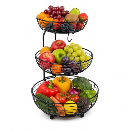 Auroni Bandeja de frutas de esquina de 3 niveles de metal, cesta de frutas sin barra central con acceso libre desde todos los lados, organizador de cocina que ahorra espacio para frutas, verduras