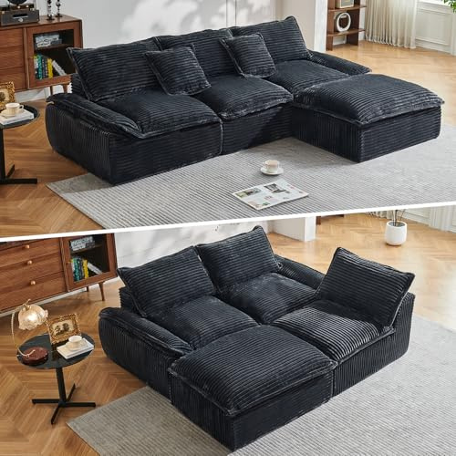 IKALIFE Boneless Modular Sectional Sofa - Comfy L-Shaped Corner Sofa With Deep Seat, Cloud Couch With Ottoman, 3/4 Seater Boneless Couch For Living Room Lounge, No Assembly Required, Grey