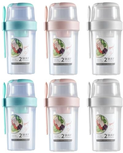 Kronabelle Salad Shaker Bowl Set of 6, Lidded, Double Layer Structure, 310Ml Upper & 760Ml Lower, Spill-Resistant, Mini Spoon Included for Snacking and Lunchtime