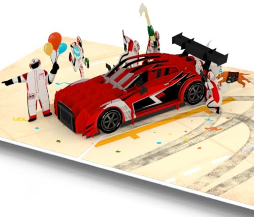 UNIPOP Pitstop Pop Up Karte – Rennwagen Geburtstagskarte für Ihn, 3D Auto Pop Up Karte