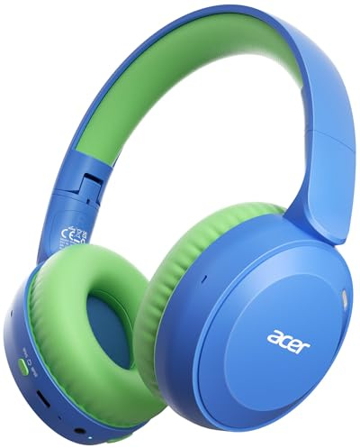 Acer Kids Headphones Wireless, Foldable, with 85/94dB Volume Limiter | Toddler Headphones with Built-in Mic, Stereo Sound, 60H Playtime, for iPad, Tablet, Travel (Blue Green)