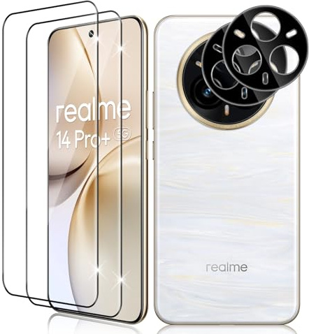Vanrain Protector de Pantalla para Realme 14 Pro Plus 5G, 2+2 Piezas 3D Curvo Cristal Templado y Protector de Lente de Cámara, 9H Dureza Alta Definició Anti-Arañazo