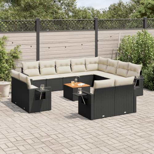 Ziaphsol 13-TLG. Garten-Sofagarnitur Schwarz Poly Rattan, Outdoor Möbel Set mit Kissen, Stauraum, Akazienholz-Tisch, modulares Design für Terrasse, Balkon