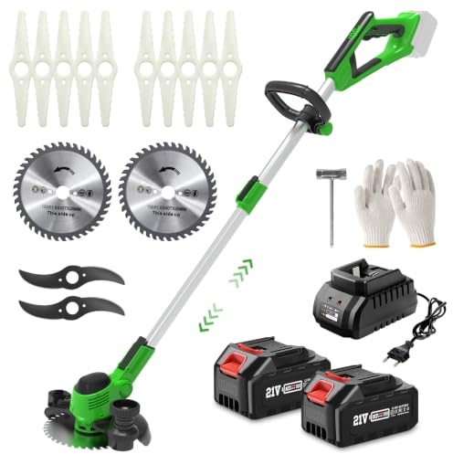 Decespugliatore a Batteria, Tagliaerba a Batteria con 2X3.0Ah Batterie e 3 Tipi Lame, Maniglia Telescopica, Tagliaerba Elettrico per Rifinire Giardini, Prati e Arbusti (Verde)