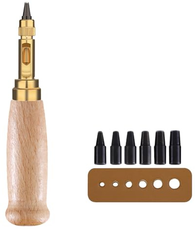 1Pc Adjustable Japanese Screw Hole Punch, Precision Leather Screw Punch Tool with 6 Punche Tips 1.5/2/2.5/3/3.5/4mm Hole Punching for Leather Punching DIY Craft Sewing