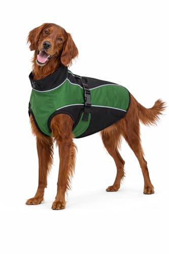 Softshell Hundemantel Grün wasserabweisend Winddicht warm gefüttert reflektierend atmungsaktiv Hundejacke mit Leinenöffnung verstellbar Wintermantel für kleine große Hunde (70cm)