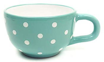 UNGARNIKAT Jumbo Keramik Tasse mit Griff, 500 Ml Kaffeebecher, Große Frühstückstasse-Müsli, Hafferflocken, Suppen, Mikrowellegeignet, Türkis mit handbemahlte weiße Punkte, Spühlmaschinen fest
