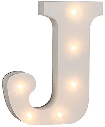 Holz Buchstabe J beleuchtet mit 6 LED Lichtern, batteriebetrieben, ca. 16 cm, Weiß