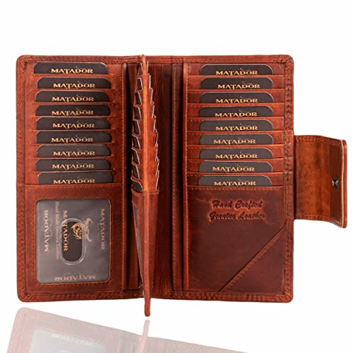 MATADOR Echt Leder Damen Geldbörse Frauen Brieftasche Groß Tüv Geprüfter RFID Schutz 36 Kartenfächer Ladies Wallet mit Handschlaufe Antik Vintage Braun