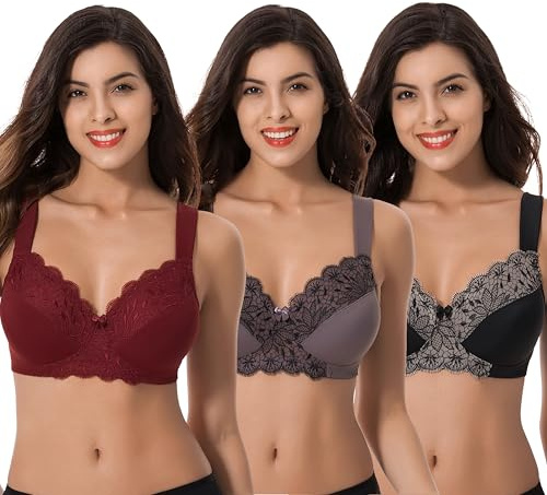 Curve Muse Plus Size Unlined Minimizer Wireless Bras with Embroidery Lace-3Pack-Burgundy,Black,Grey-34DDD (EU:75F)