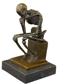 Antike Fundgrube Bronze Figur Der Denker Skelett auf edlem Marmorsockel | Bronzefigur Bronzeskulptur | (8431)