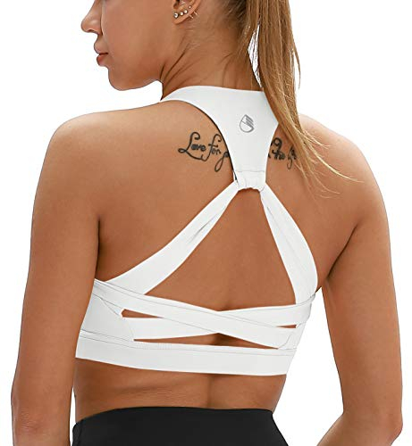 icyzone Damen Yoga Sport-BH mit Gepolstert Fitness Bustier Workout Running Bra (M, Weiß)