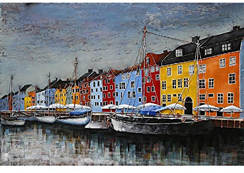IDYL Metall-Bild mit 3D-Effekt | Moderne Kunst | Hafen Ambiente | Ankerplatz für Boote mit farbigen Häusern | 80 x 120 x 7 cm | Nr. 1626