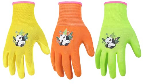 HANDLANDY Kinder Gartenhandschuhe 3 Paar Arbeits und Spielhandschuhe aus Schaumgummi für Kinder Jungen Mädchen und Kleinkinder (Orange Gelb Grün S)