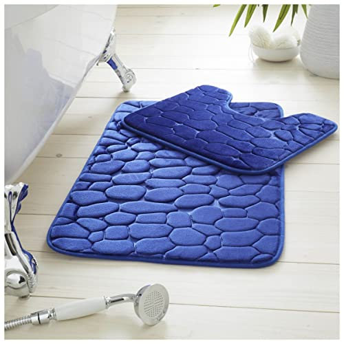 GC GAVENO CAVAILIA Premium 2 Piece Pebble Bath Mat Non Slip Pedestal Set, Extra Absorbent 100% Memory Foam Bathroom Toilet Rug, Regular (50x80, 50x40 cm), Royal Blue