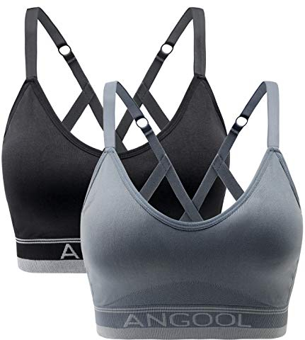 ANGOOL Sport BH Damen Einstellbarer Schultergurt Sport Bustier Damen Gepolstert Starker Halt Nahtlose Joggen Yoga Fitness Bra, 2er Pack, Schwarz + grau, M