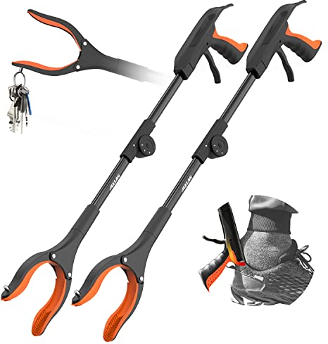 Jellas Lot de 2 Pince de préhension Pliable de 81,3 cm avec Embout magnétique Solide et Chausse-Pied, Outil d'aide pour ramasser Les ordures, ramasser Les déchets, Extension de Bras (Orange)
