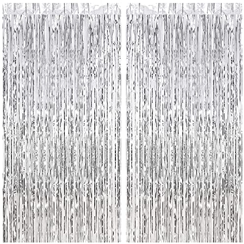 Lametta Vorhänge, 2 Stück Silber Folien Fransenvorhänge für Foto Hintergrund Hochzeit Geburtstagsparty Türfenster Weihnachten Abschlussdekorationen, 1 * 2m