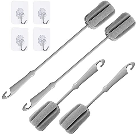 4 Pack Soft Sponge Bottle Cleaner Brush, Grey Plastic Handle Wine Glass Cup Brush Scrubber, Washing Brush Vase Bottle Pot Cleaning Brush with Traceless Hook, Long and Small Size 10” 15”