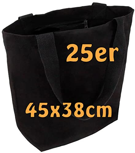 Cottonbagjoe 25 Tragetaschen | mit Innentasche, Reißverschluss, und großem Boden | schwarz | Baumwolltasche Stofftasche Shopper Handtaschen | Öko-Tex 100 Standard Zertifiziert