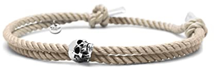Nato Cuff - Totenkopf Skull Armband in Silber 925 - Mailänder Seidenkordel - Herren- oder Damenschmuck Handgefertigt in Frankreich (Beige)