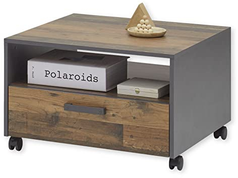 JONES 2 Couchtisch auf Rollen in Anthrazit, Old Style Optik - Mobiler Sofatisch mit Schublade - 70 x 40 x 70 cm (B/H/T)
