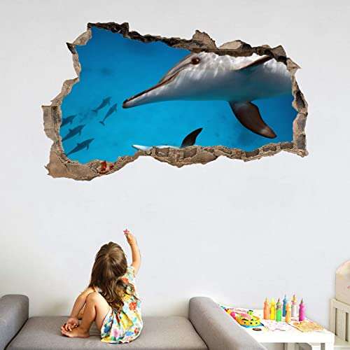 Kuletkear Tiere Wandbilder Wandtattoo 3D Delphin H 70 x B 116 cm Fensterdeko Bilder Mädchen Aufkleber selbstklebend Fenstersticker Wandtattoo Kinderzimmer Deko