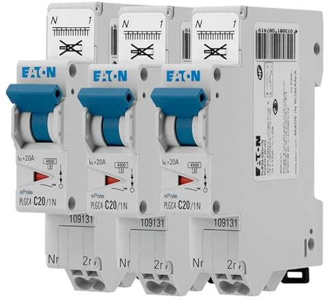 EATON 109131 PLGC4-C20/1N - DISJONCTEUR MODULAIRE PH/N - Blanc - MANETTE BLEUE - 1P+N / 20 A - COURBE C - Raccordement direct sans vis - 3 disjoncteurs