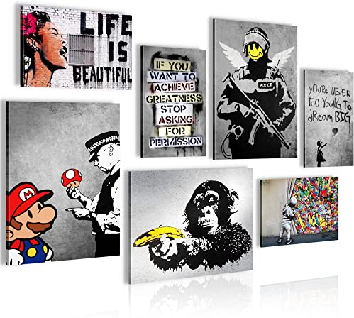 Novart Wandbilder Banksy Collage - KOMPLETT AUFHÄNGFERTIG - Street Art Wohnzimmer Büro - 7 Moderne Mood-Bilder - N013571a