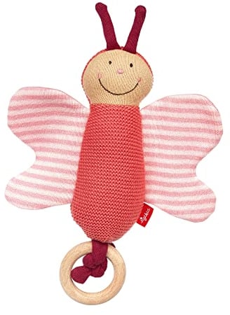 SIGIKID 39674 Strick-Greifling Schmetterling Knitted Love, Babyspielzeug aus Baumwollstrick mit Holzring und Rassel, zum Greifen, Hören und Spielen für Babys von 3-12 Monaten, Rosa, 16x20x5 cm
