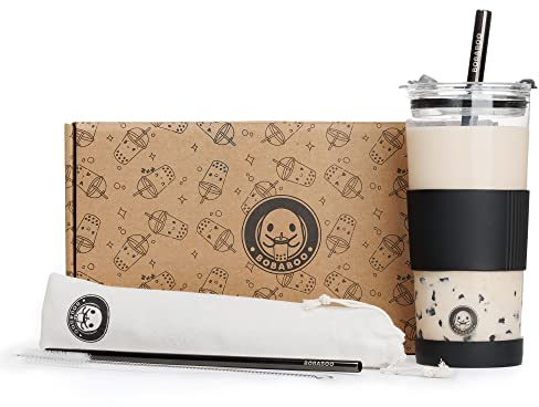 BOBABOO Reusable 24 oz Boba cup with straw set, straw cleaner, and gift box, borosilicate reusable bubble tea cup (Black)