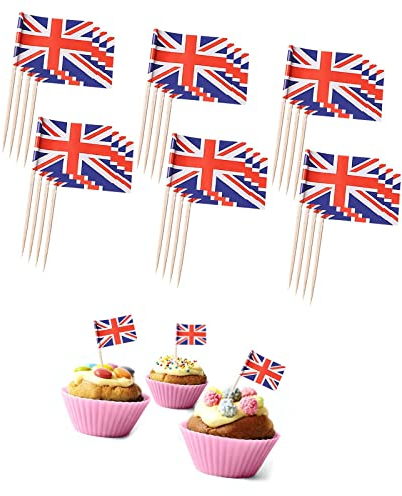 110 Stück Union Jack Zahnstocher, Partyzubehör, für Sandwichflaggen, Cupcake, Grillen und Cocktailstäbchen, königliche