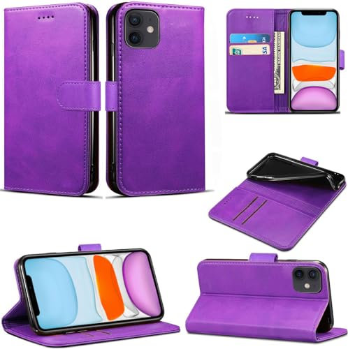 EKAM Case Compatible With iPhone 11 PU Leather Wallet Book Flip Folio Stand View Cover Magnetic Closure with Card Slots for iPhone 11 [6.1 Inch] (Purple)