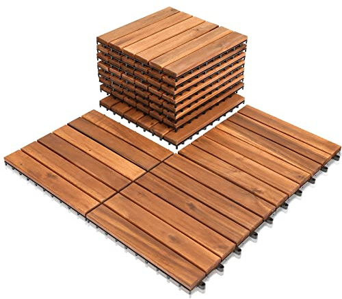 Tubiaz Holzfliesen balkon bodenbelag,5m²holzfliesen balkon,30x30 cm,Akazienholz Terrassenfliesen,Gartenfliesen für Garten Terrasse Balkon Patio,Leicht verlegbar,wetterfest-(55 Stück-6 Latten Fliese)