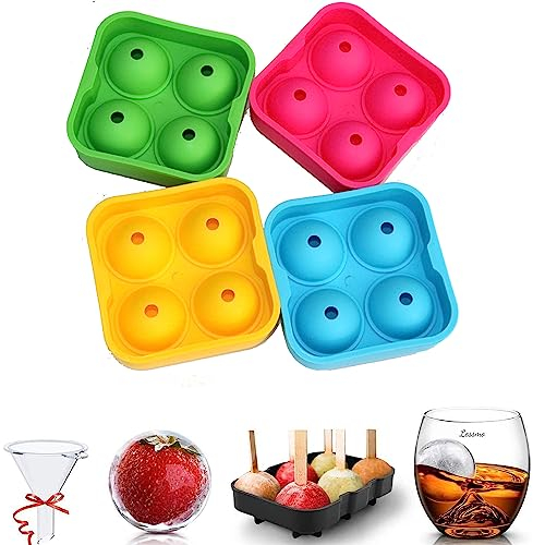 4 Stück XXL Eiswürfel Form mit Deckel Trichter Auslaufsicher Rund Groß Eiswürfelbehälter Kugel, Silikon Ice Cube Tray Whisky Champagner Cocktails Bier Gekühlte Getränke 4 Eiskugel, Grün,Rot,Blau,Gelb