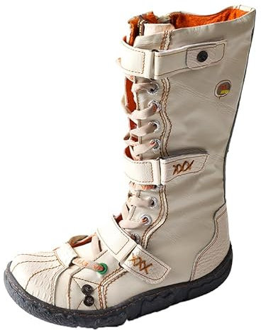 TMA EYES Botas de cuero con cordones a la moda para mujer Botas planas de pie ancho Botas de pantorrilla(Blanco,38)