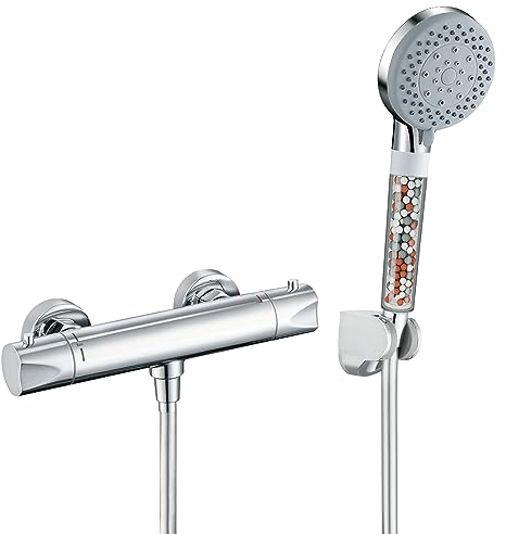 GAOZHI Thermostat Duscharmatur mit Handbrause,Mischbatterie Badewanne Duscharmatur Komplettset Aufputz Wassersparend Duschkopf mit Schlauch Filter Badewannen Amaturen Set mit 5F für Badewanne und Bad