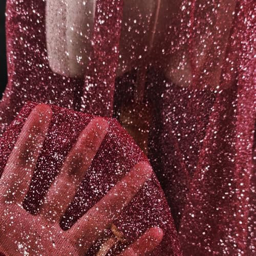 100cm x 150cm Soft Glitzer Tüllstoff Netzstoff zum Nähen, Bling Tüll Mash Stoffe Dekostoff für DIY Basteln Bekleidung Tüllrock Hochzeitskleid Schleier Vorhänge Tischdecken Hochzeit Party Deko,Weinrot
