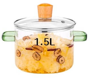 1.5L/51oz/6cups Glass Cooking Pot Glass Simmer Pot Quick Food Heating Saves Energy Heat Resistant 0 to 400 ℉ Oven Gas Electric Stove Safe for Pasta Soups Potpourri (Green Handle Glass Potpourri Pot)