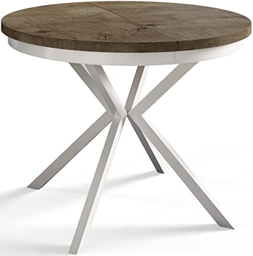 AlpiMeble Runder Esszimmertisch BERGO, ausziehbarer Tisch Durchmesser: 90 cm/170 cm, Wohnzimmertisch Farbe: Grau, mit Metallbeinen in Farbe Weiß