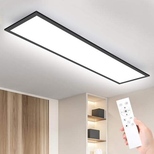 IEGLED LED Pannello Plafoniera Dimmerabile 120x30cm, 40W 4400LM Plafoniera Piatta con Telecomando, 3000K-6500K Cambio Temperatura Colore Pannello LED Ultra Sottile per Ufficio Soggiorno Cucina, Nero