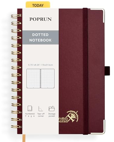 POPRUN Notizbuch A5 Gepunktetes, Bullet Dotted Journal, Spiral-Notizbücher 120 GSM Papier, 141 nummerierte Seiten, Hardcover mit Kleberegisterkarten und 8 Abreißblättern - BY(Burgund)