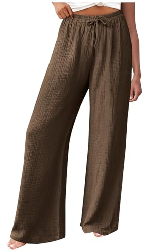 Musselin Damen Hose Elegant Leicht Casual Jogginghose Lange Locker Sommerhose Weites Bein Hosen Einfarbig Leinenhose Bequeme Stoffhose Hohe Taille Strandhose mit Taschen Freizeithose