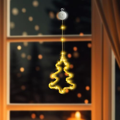 Skeadex LED Weihnachtsbeleuchtung, LED Fenster Lichterkette Batteriebetriebene mit Saugnäpfe, Weihnachtsbaum Hirsch Glöckchen, für Weihnachten Deko, Balkon, Party, Hochzeit (Weihnachtsbaum)
