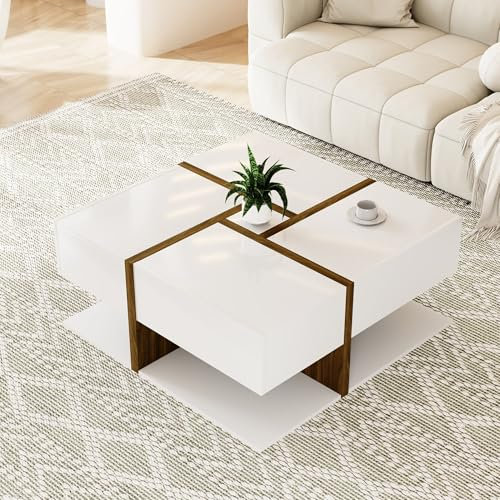 BTM Table Basse Carrée avec 4 Tiroir, Table Basse Salon Moderne avec Espace de Rangement en Bas, avec Unique et Un Design de Ligne, Bois & Blanc, 78x78x34.8 cm