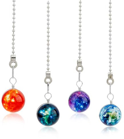 HOBBIESAY 4Pcs Ceiling Fan Pull Chain Glow Universe Decorative Lamp Pull Extension 4 Color Glass Fan String Pendant Extender with Ball Chain Danglers Planet Charm for Ceiling Light Fan Table Lamp