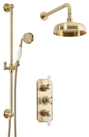 MILANO Mixer Valve 205mm Round Shower Head Riser Rail Brushed Brass