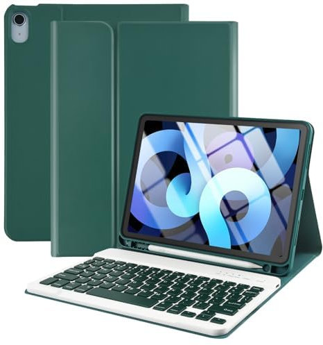 Funda con Teclado para iPad Air 11(M2) 2024 iPad Air 5ª y 4ª Gen 10.9 2022/2020, Funda con Portalápices Bluetooth Magnético Desmontable, Teclado QWERTY Español(Verde Oscuro)
